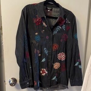 Johnny Was Dark Floral Embroidered Shirt